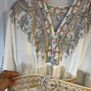 Elegant White Midi Dress with Blue and Gold Paisley